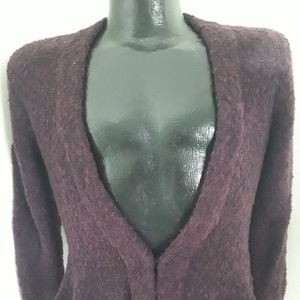 Moda International Women Ruffle Knit Cardigan Sweater M Burgundy Cozy Layered